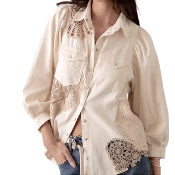 New Anthropologie Shirt Short Sleeve Button Down Bohemian Cream Size XXS - Picture 1 of 14